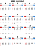 2026年度4月始まりエクセル無料カレンダー（年間：日曜始まり）