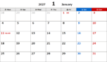 2027年エクセル無料カレンダー（月間：月曜始まり）