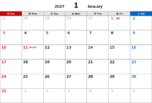 2027年エクセル無料カレンダー（月間：日曜始まり）