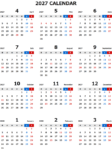 2027年度4月始まりエクセル無料カレンダー（年間：月曜始まり）