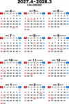 2027年度4月始まり無料PDFカレンダー（年間）