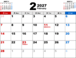 2027年2月無料PDFカレンダー