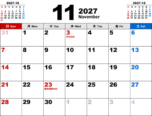 2027年11月無料PDFカレンダー