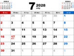 2028年7月無料PDFカレンダー