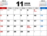 2028年11月無料PDFカレンダー