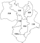 【白地図】近畿地方のイラスト（都道府県名入り）