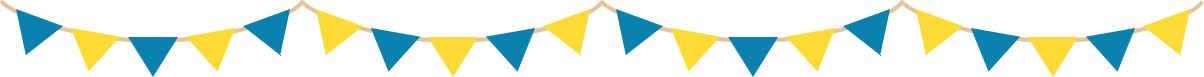 青と黄色の三角フラッグガーランドのライン飾り罫線イラスト（無地）