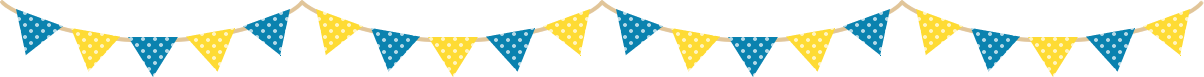 青と黄色の三角フラッグガーランドのライン飾り罫線イラスト（ドット柄）