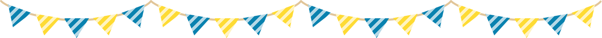 青と黄色の三角フラッグガーランドのライン飾り罫線イラスト（斜線柄）