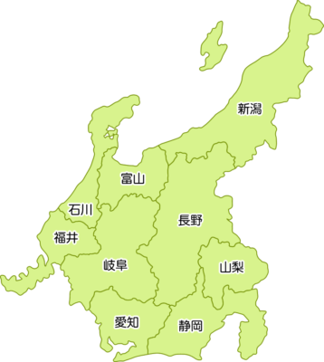 中部地方の地図イラスト（都道府県名入り）