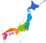 日本地図のイラスト（地域色分け：都道府県境界線入り）