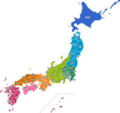 日本地図のイラスト（地域色分け：都道府県名入り）
