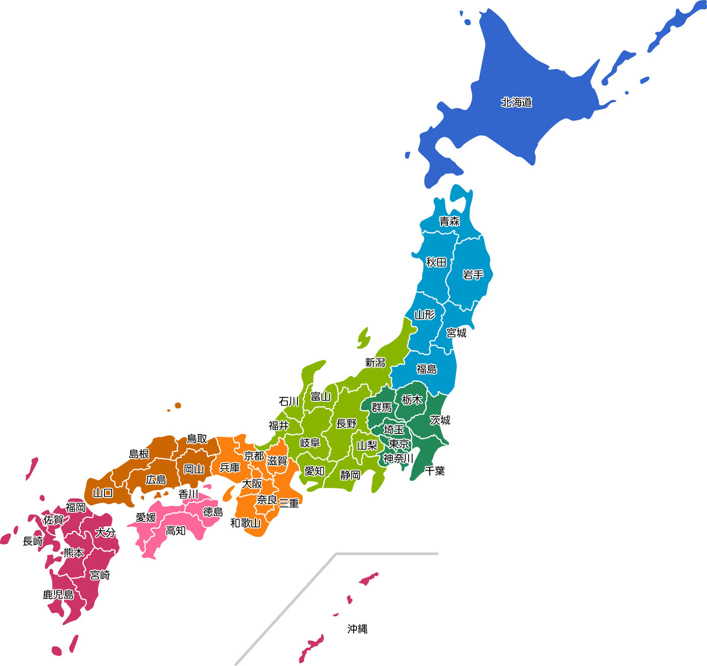 日本地図のイラスト 地域色分け 都道府県名入り イラストストック