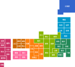 日本地図のデフォルメイラスト（地域色分け：都道府県名入り）